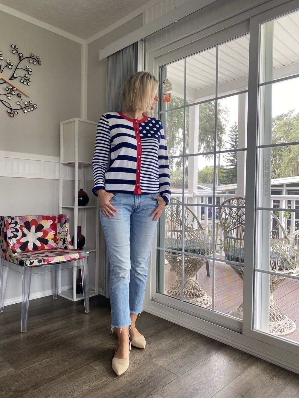 Serengeti Women's Knits Sweater Women Cardigan Blue Red White Size M